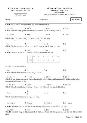 Đề thi thử THPT môn Toán lần 3 - Mã đề 101 - Năm học 2019-2020 - Trường THPT Ân Thi